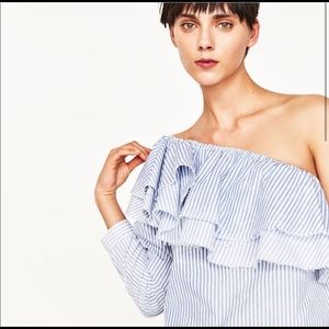 Zara One Shoulder Pinstripe cotton top